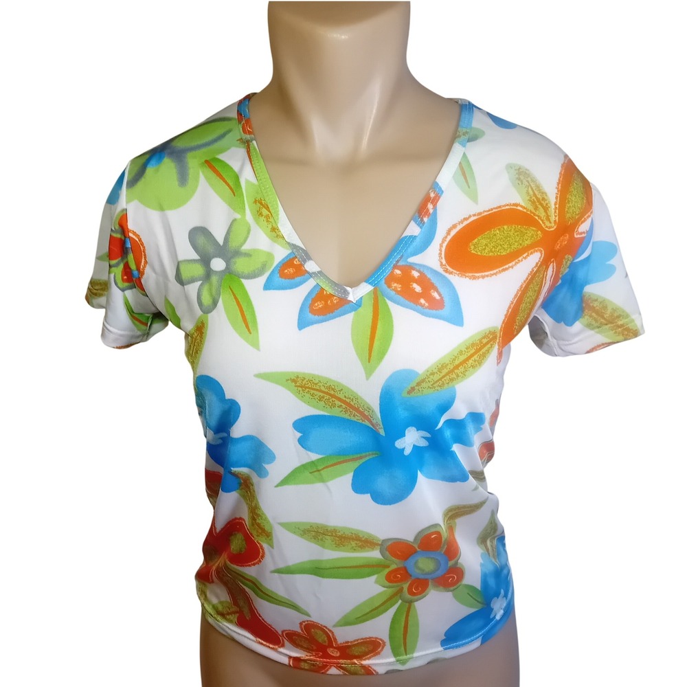Vintage Y2K Libra Colorful Floral Girly‎ Vneck Mesh Top Boho Lizzie Mcguire L